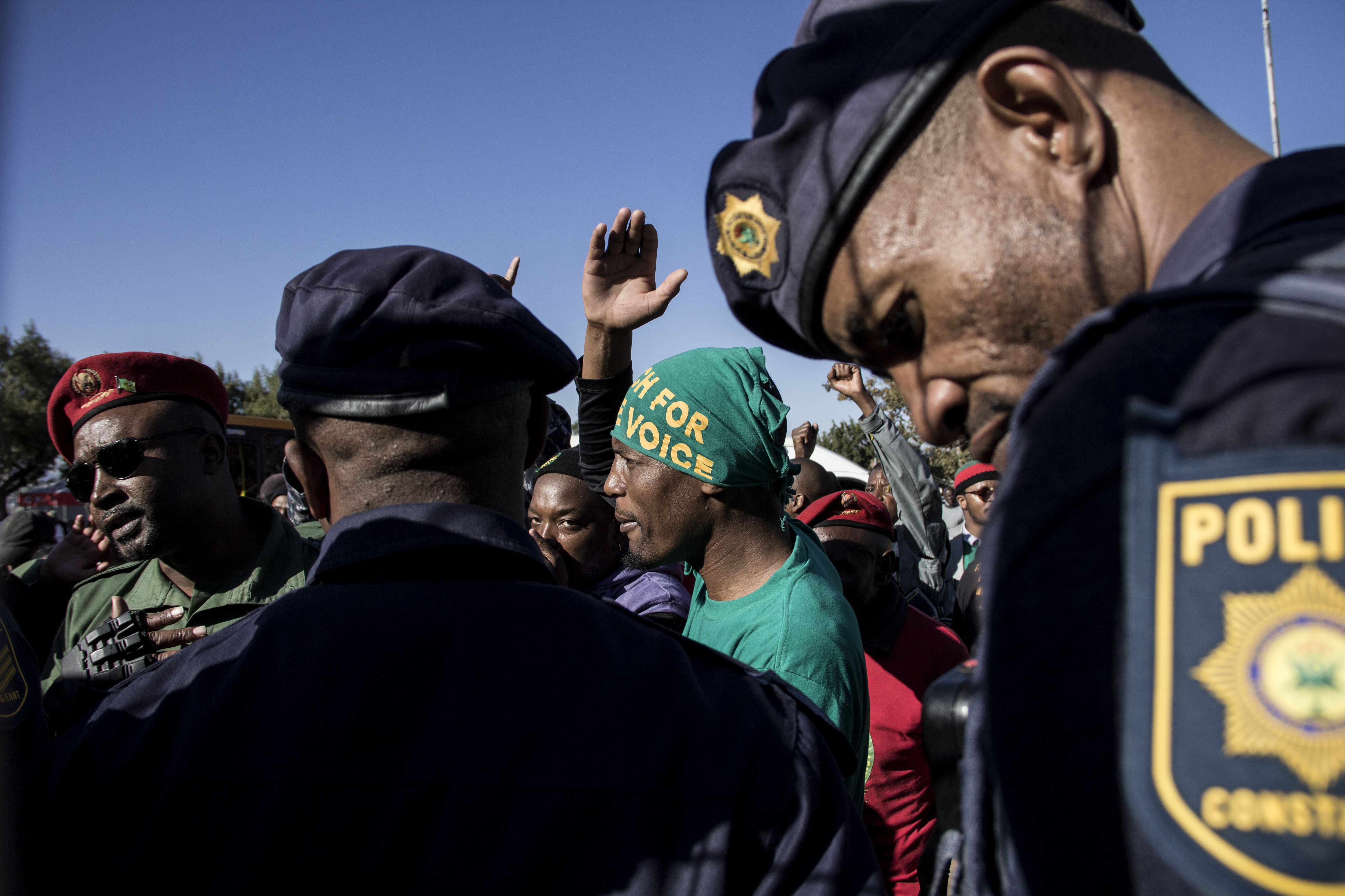 Police prevent protesting Pan African Congress (PAC) members from entering the Hector Pietersen Memorial Site in Soweto on June 16 2016.