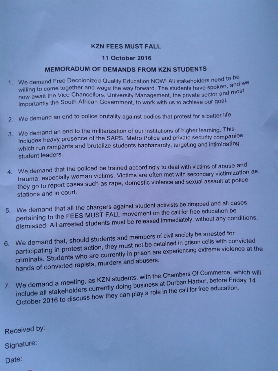 Memorandum of student demands handed to Chamber of Commerce. #KZNFMF